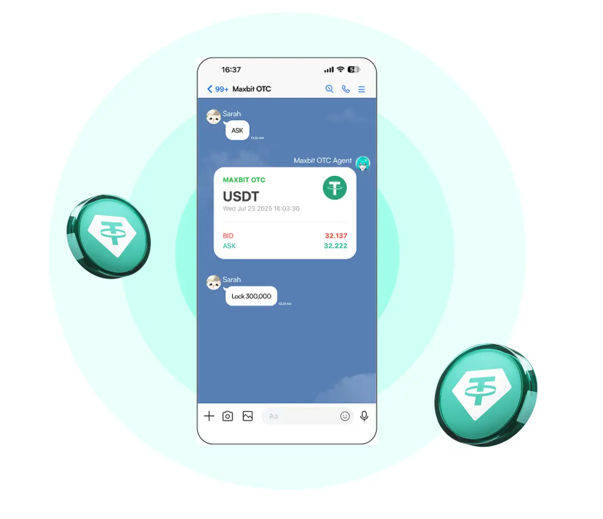แชท Maxbit OTC แสดงราคา BID และ ASK ของ USDT